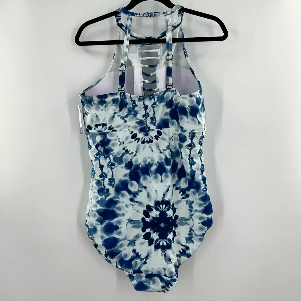 Cacique NWT No-Wire Strappy High-Neck Swimsuit One Piece Tie-Dye Navy size 20